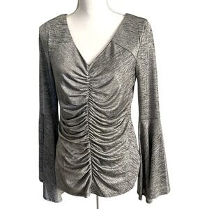 Women's Thalia Sodi Size Small Bell Sleeve‎ Ruched V-Neck Blouse Silver Evening